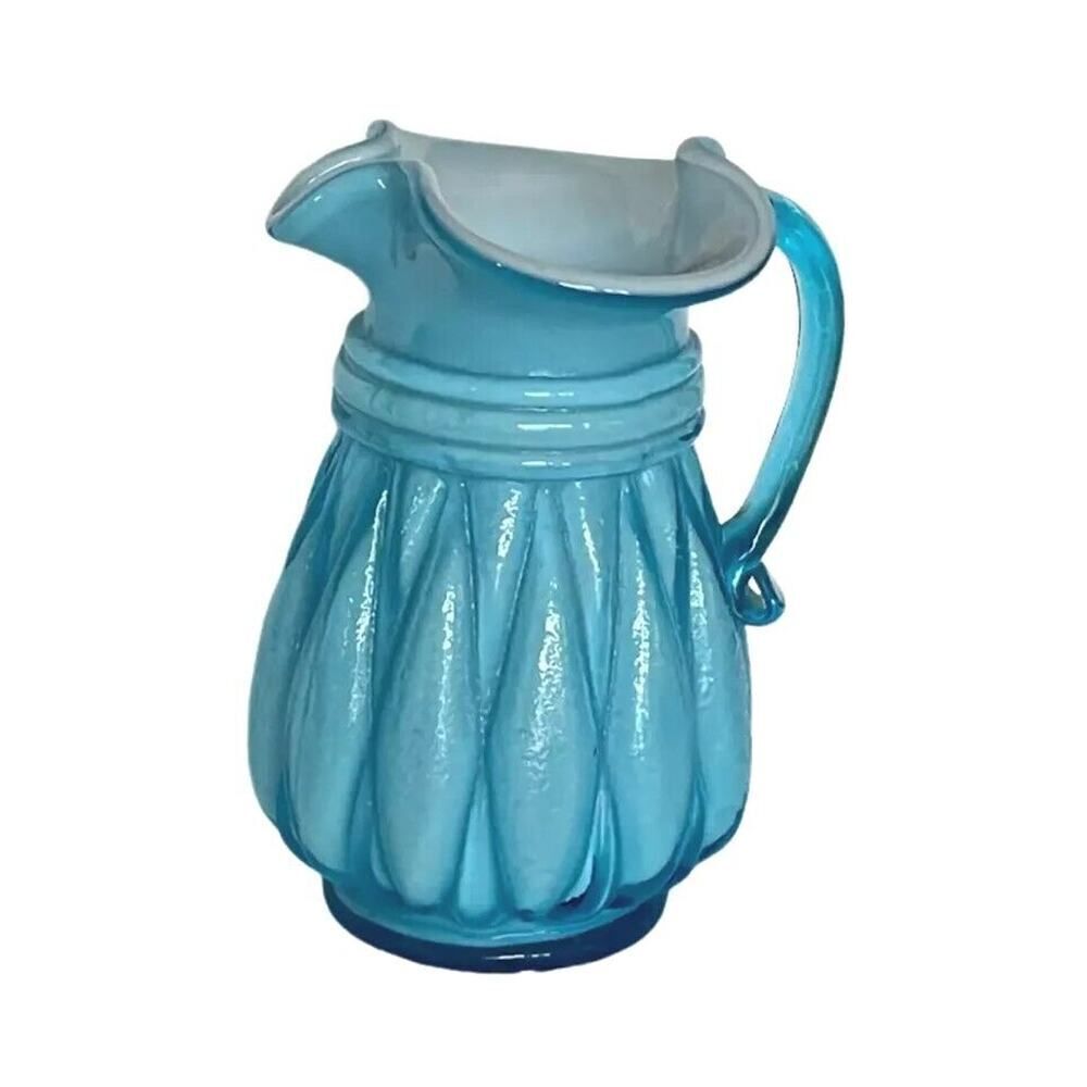 Kanawha Art Glass Pitcher Melon Rib Form White Opalescent Cased Blue Unmarked